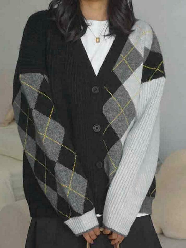 Y2K Aesthetic Contrast Color Plaid Patchwork Cardigan - Coquette Grunge Style for Women