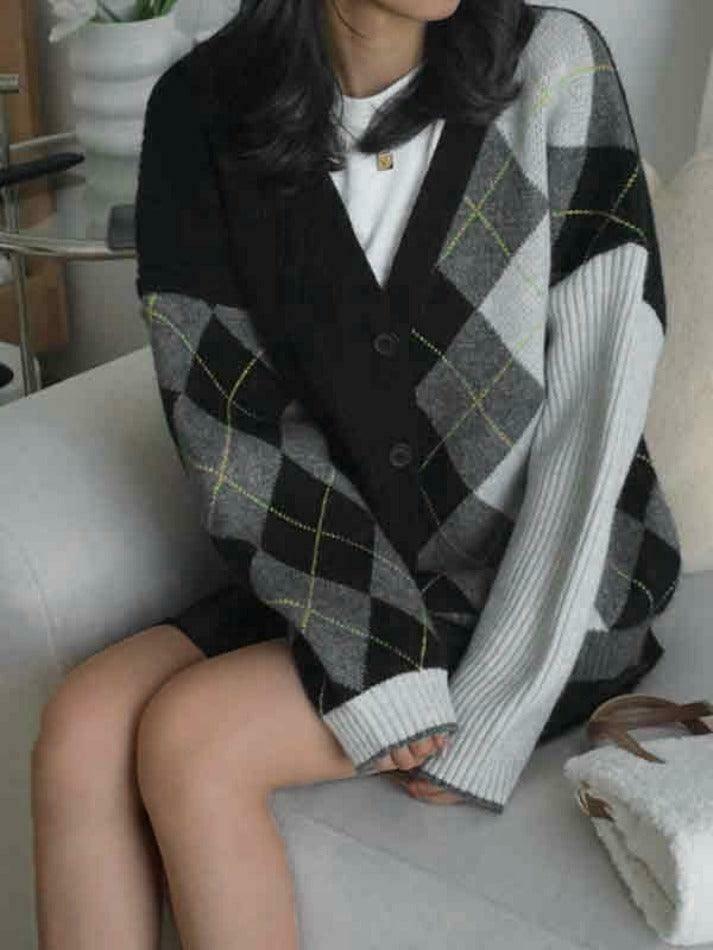 Y2K Aesthetic Contrast Color Plaid Patchwork Cardigan - Coquette Grunge Style for Women