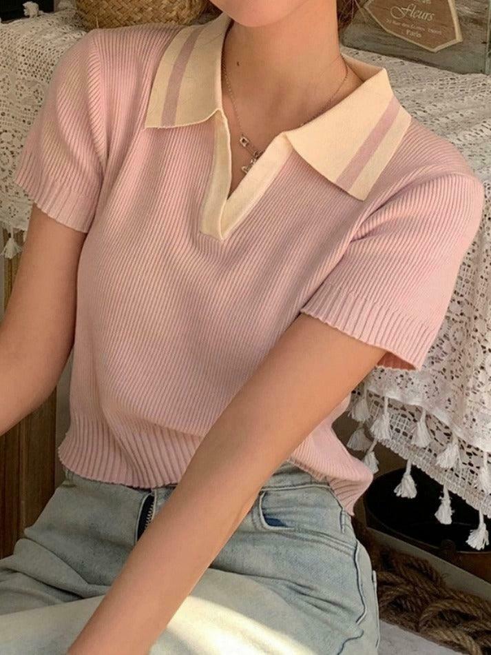 Y2K Aesthetic Contrast Color Polo Neck Knit Sweater
