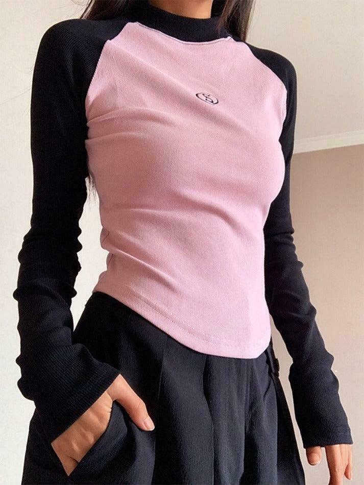 Y2K Aesthetic Contrast Color Raglan Slim Knit for Women - Coquette & Grunge Style Tops