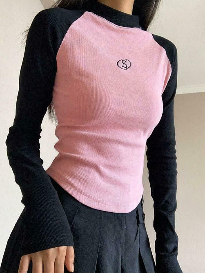 Y2K Aesthetic Contrast Color Raglan Slim Knit for Women - Coquette & Grunge Style Tops