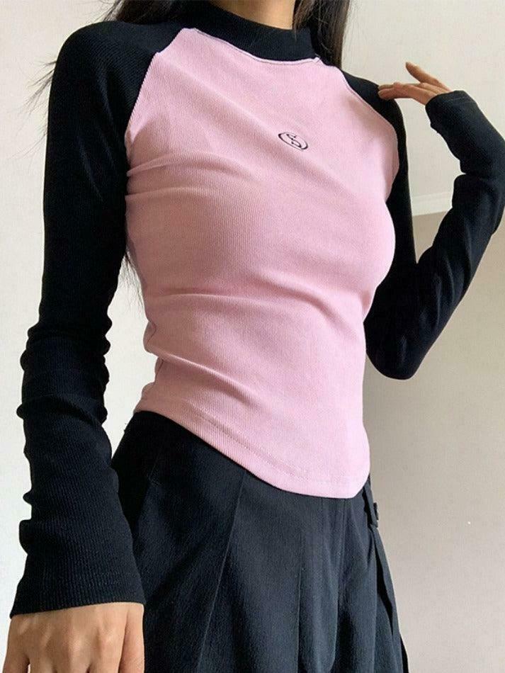Y2K Aesthetic Contrast Color Raglan Slim Knit for Women - Coquette & Grunge Style Tops