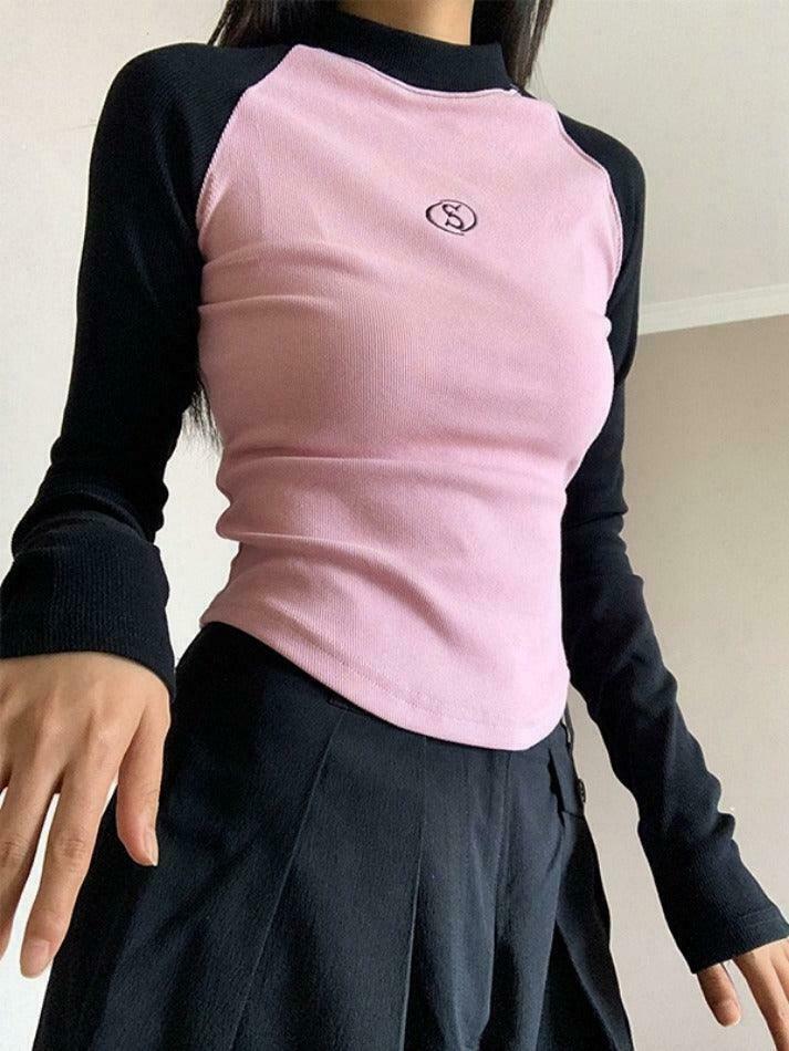 Y2K Aesthetic Contrast Color Raglan Slim Knit for Women - Coquette & Grunge Style Tops