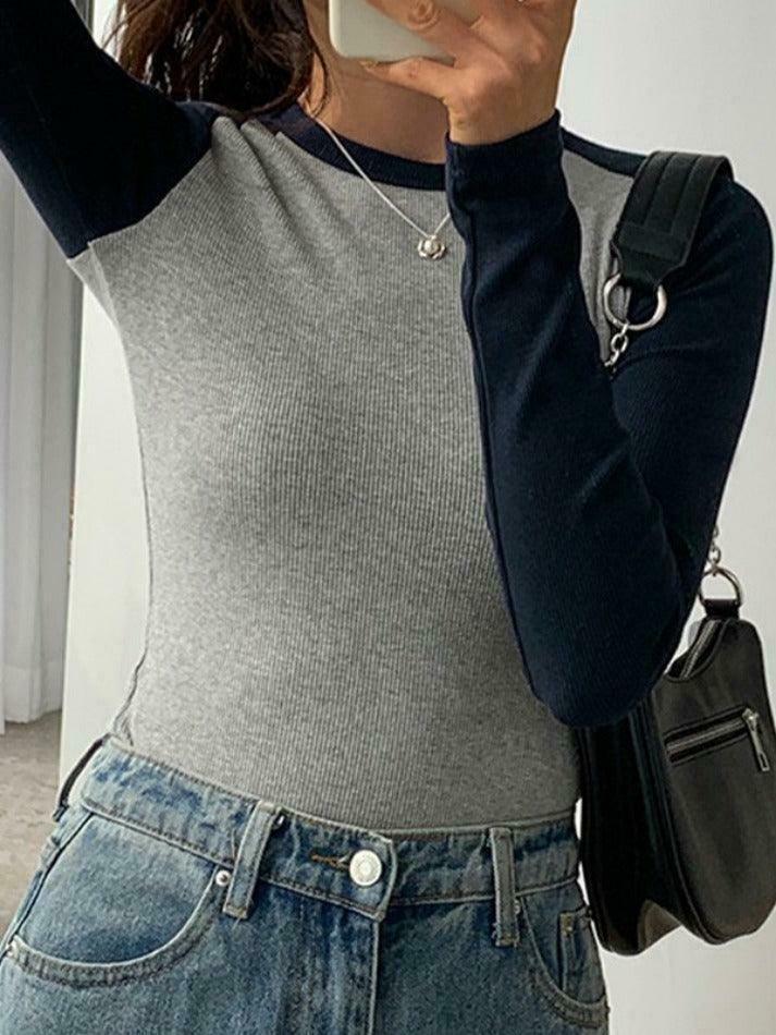 Y2K Aesthetic Contrast Color Raglan Slim Long Sleeve Knit