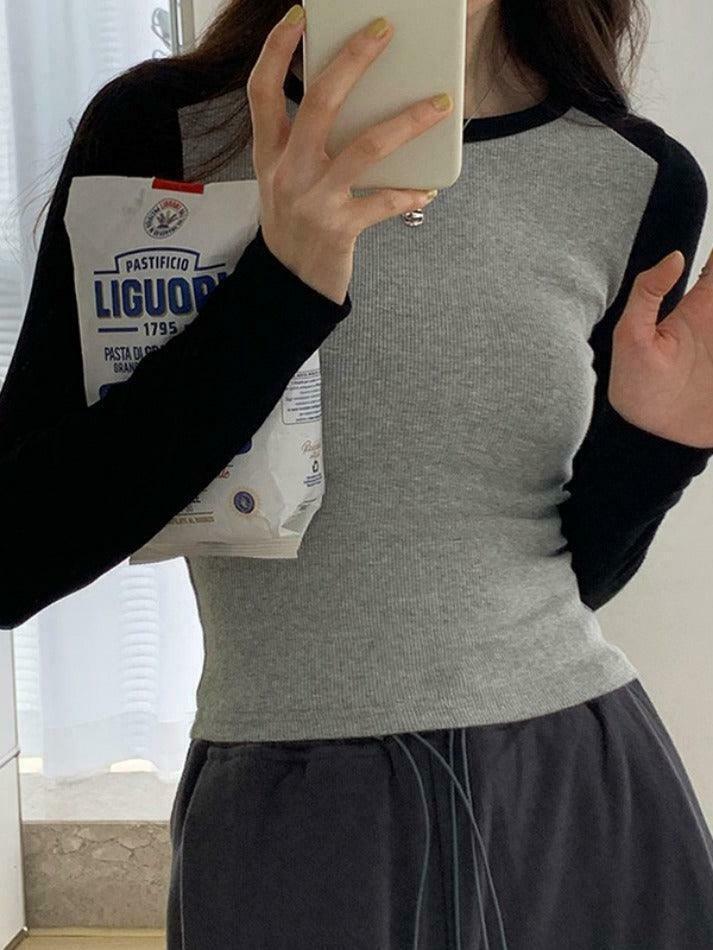 Y2K Aesthetic Contrast Color Raglan Slim Long Sleeve Knit