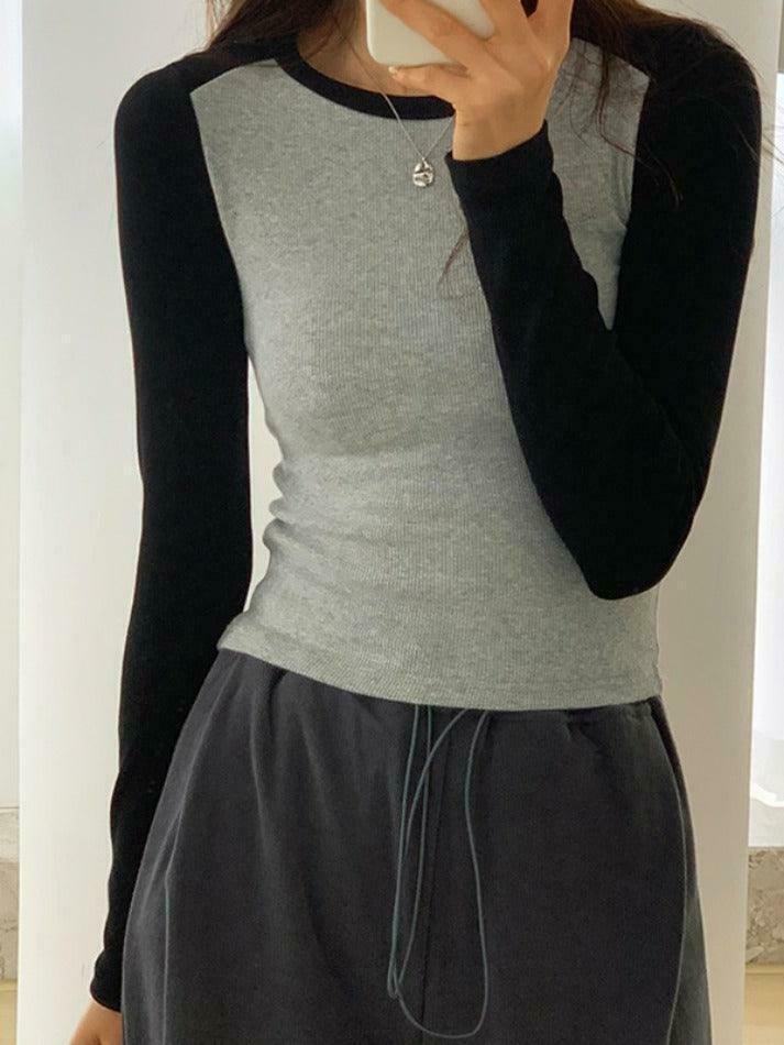 Y2K Aesthetic Contrast Color Raglan Slim Long Sleeve Knit