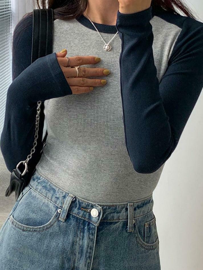 Y2K Aesthetic Contrast Color Raglan Slim Long Sleeve Knit
