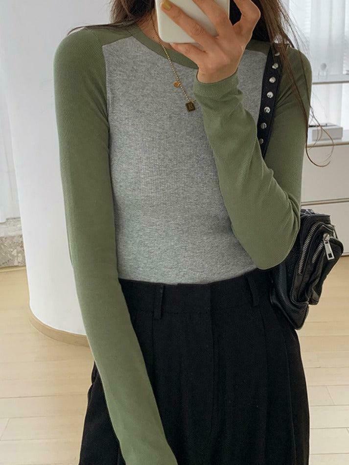 Y2K Aesthetic Contrast Color Raglan Slim Long Sleeve Knit