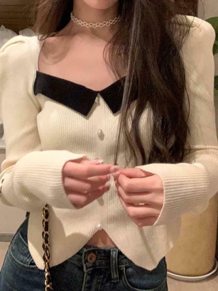 Y2K Aesthetic Contrast Color Splice Pearl Breasted Knit Sweater