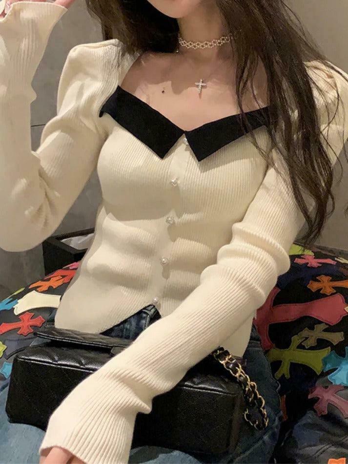 Y2K Aesthetic Contrast Color Splice Pearl Breasted Knit Sweater