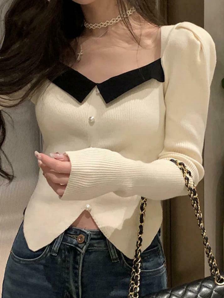Y2K Aesthetic Contrast Color Splice Pearl Breasted Knit Sweater