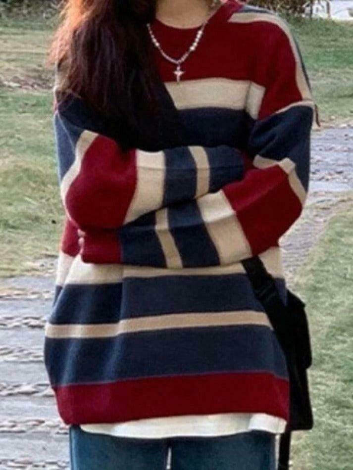 Y2K Aesthetic Contrast Color Stripe Splice Pullover Sweater - Coquette Style Grunge Fashion