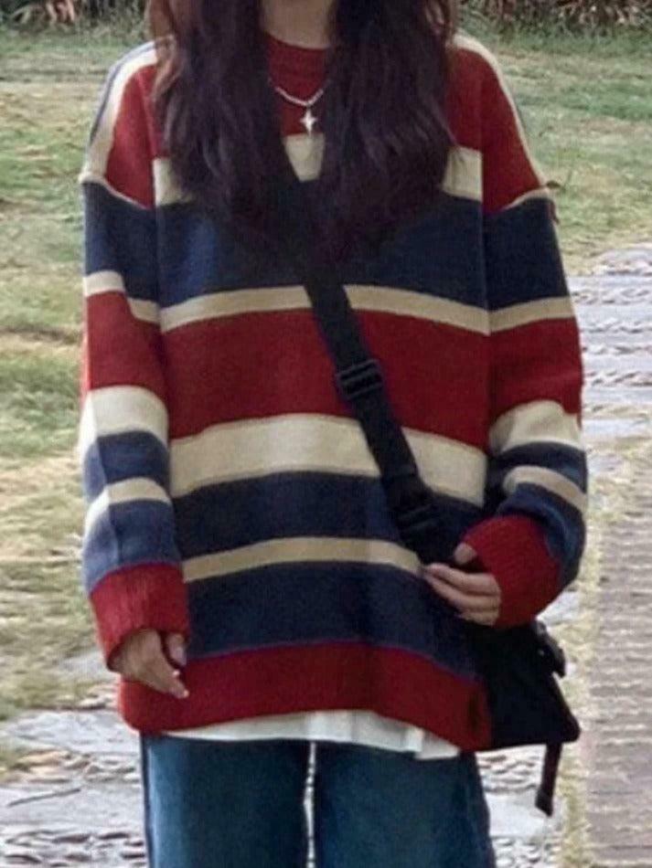 Y2K Aesthetic Contrast Color Stripe Splice Pullover Sweater - Coquette Style Grunge Fashion