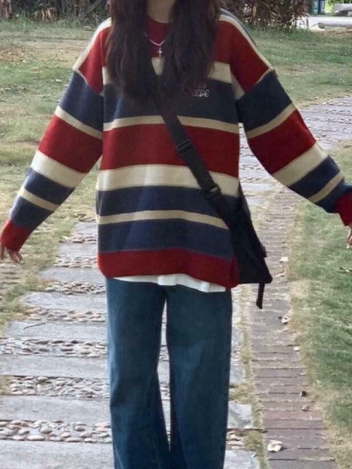 Y2K Aesthetic Contrast Color Stripe Splice Pullover Sweater - Coquette Style Grunge Fashion
