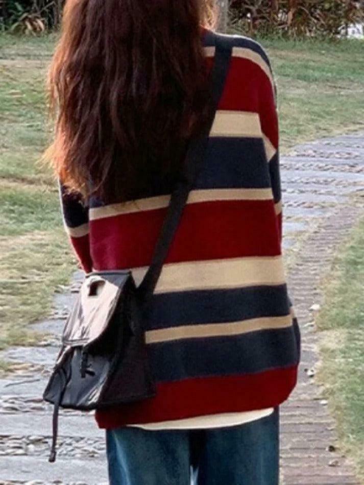 Y2K Aesthetic Contrast Color Stripe Splice Pullover Sweater - Coquette Style Grunge Fashion