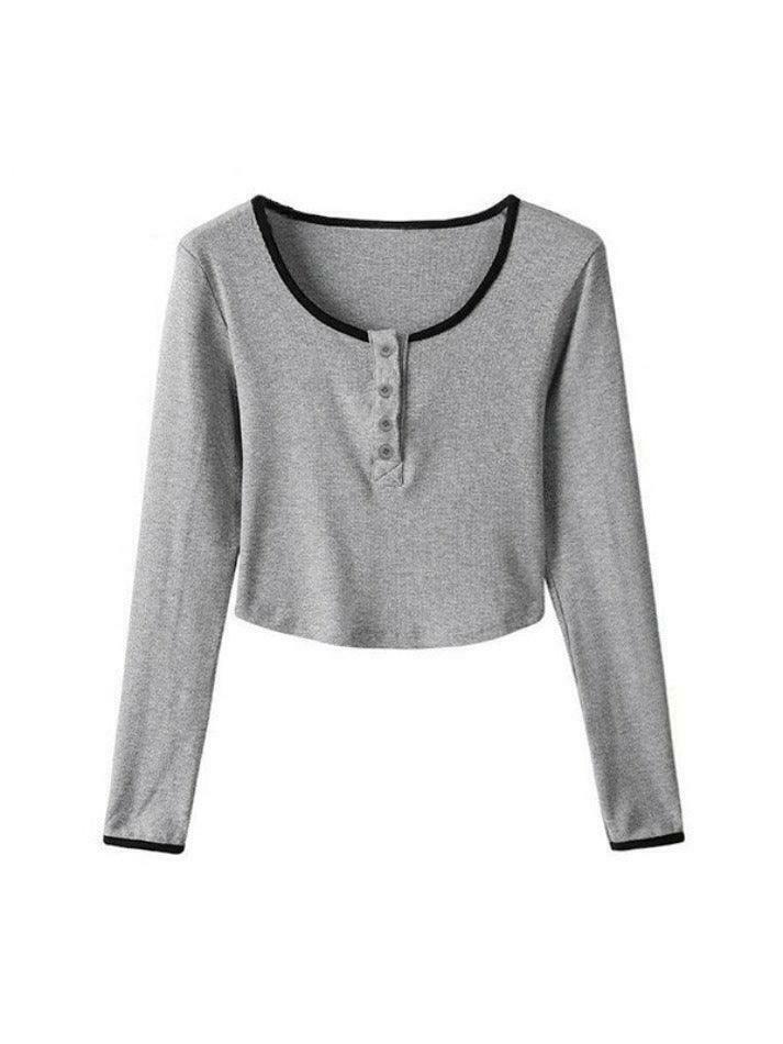 Y2K Aesthetic Contrast Color Trim Curvy Hem Knit Top - Coquette Grunge Style