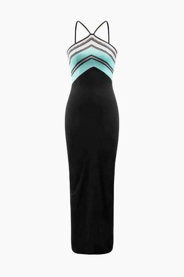 Y2K Aesthetic Contrast Print Maxi Dress with Cross Back Detail