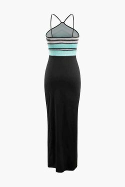 Y2K Aesthetic Contrast Print Maxi Dress with Cross Back Detail