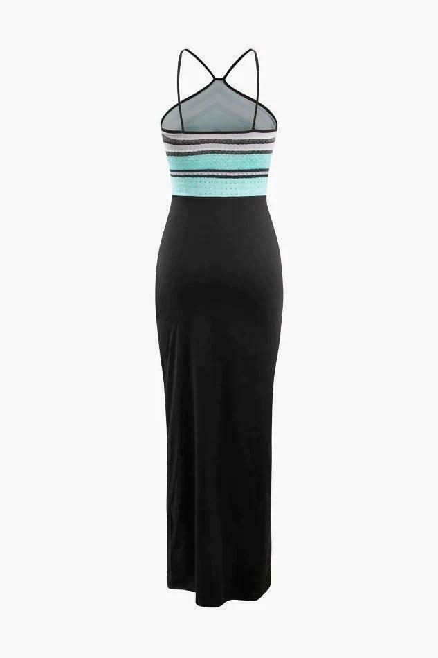 Y2K Aesthetic Contrast Print Maxi Dress with Cross Back Detail