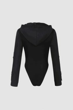 Y2K Aesthetic Contrast Stitch Hooded Bodysuit - Coquette Grunge Style Cute Top