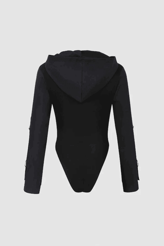 Y2K Aesthetic Contrast Stitch Hooded Bodysuit - Coquette Grunge Style Cute Top