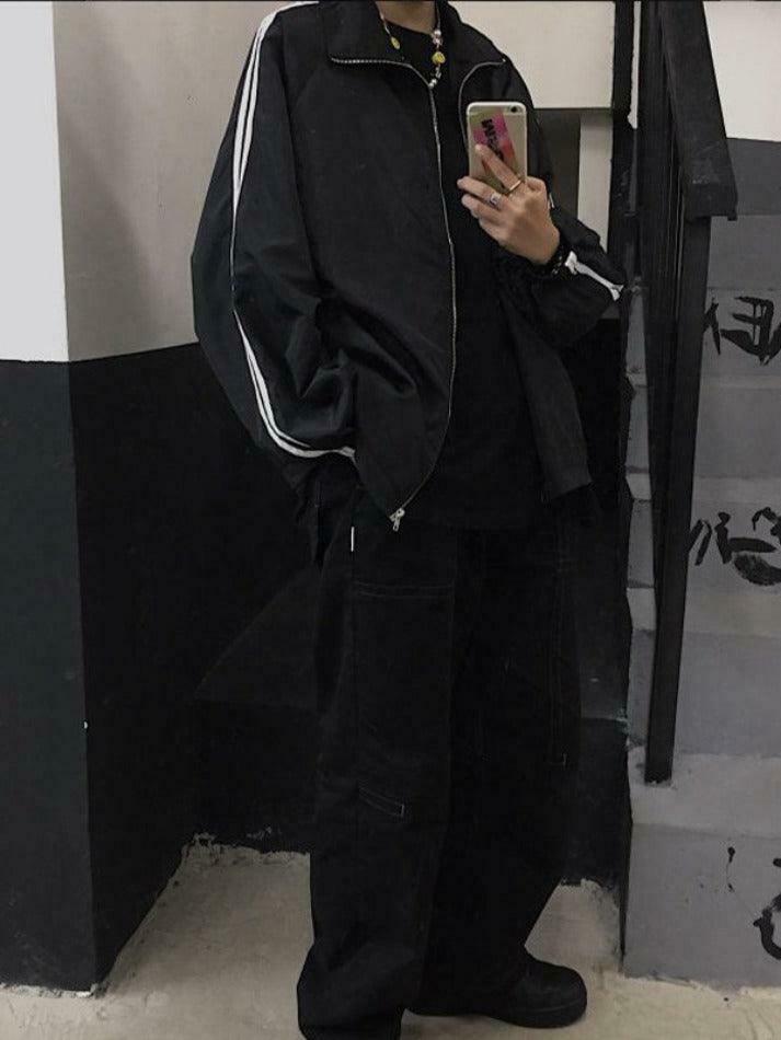 Y2K Aesthetic Contrast Stripe Zip Up Jacket - Coquette Grunge Fashion & Pastel Goth Vibes