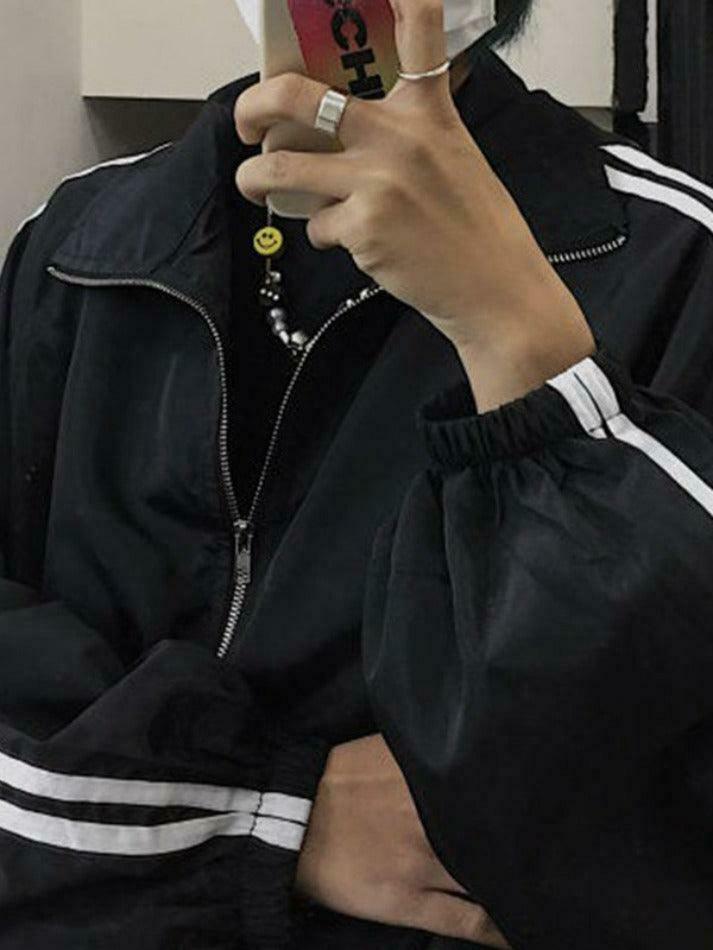 Y2K Aesthetic Contrast Stripe Zip Up Jacket - Coquette Grunge Fashion & Pastel Goth Vibes