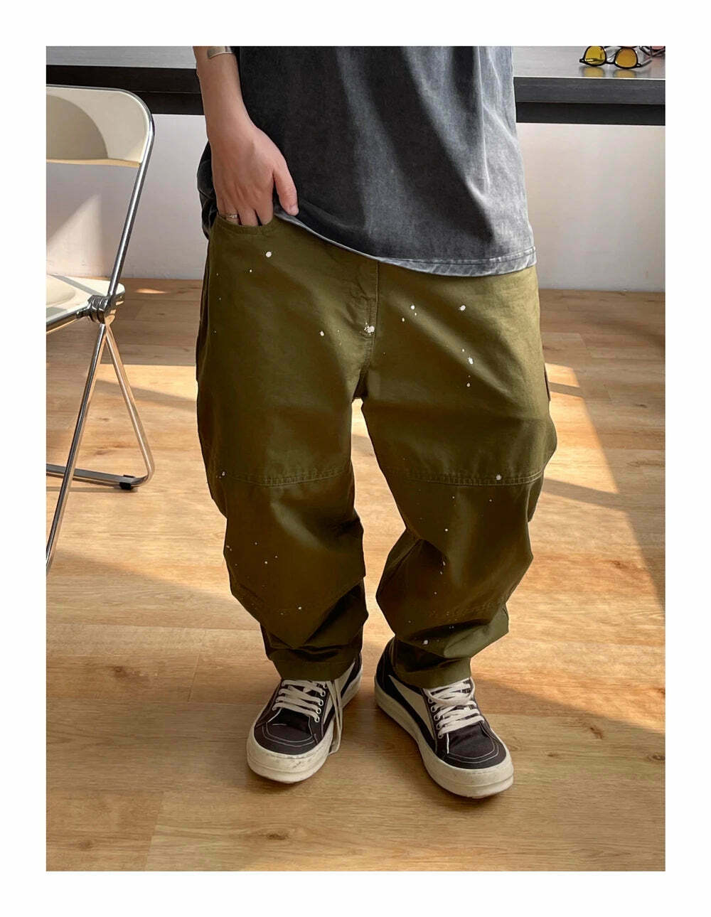 Y2K Aesthetic Contrast Waistband Cargo Pants with Paint Splash - Grunge Style Women's Fashion