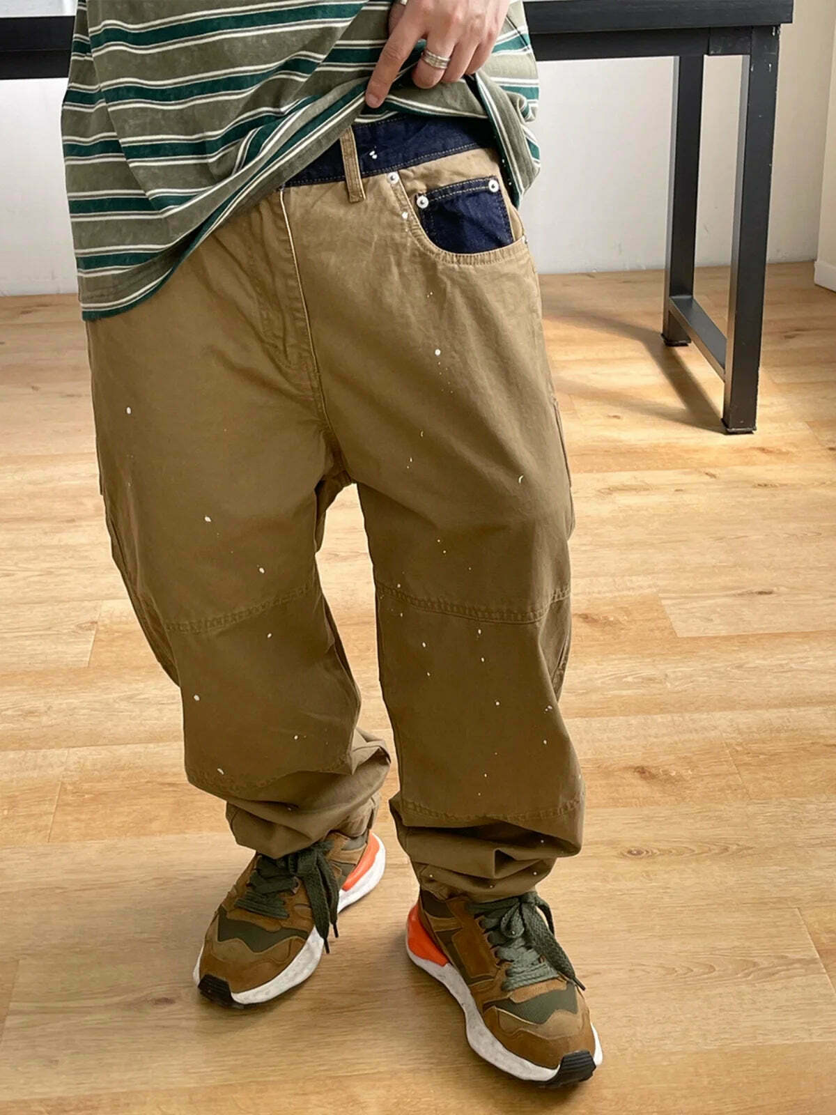 Y2K Aesthetic Contrast Waistband Cargo Pants with Paint Splash - Grunge Style Women's Fashion