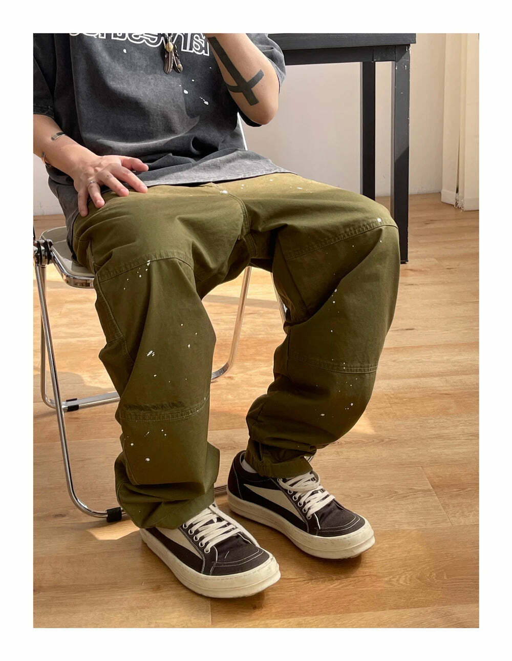 Y2K Aesthetic Contrast Waistband Cargo Pants with Paint Splash - Grunge Style Women's Fashion