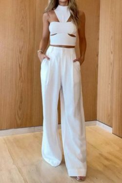 Y2K Aesthetic Coquette Halter Top & Wide Leg Pant Set for Women - Grunge Style Outfit
