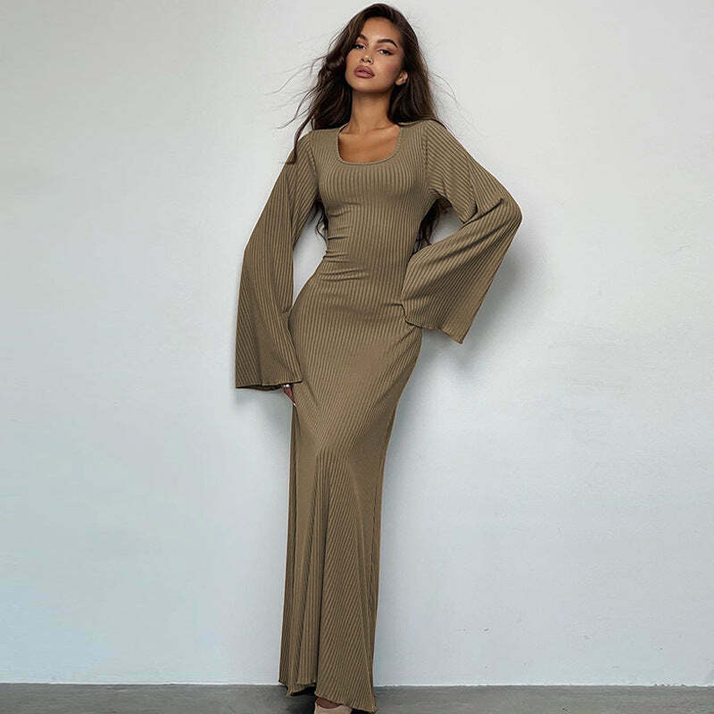 Y2K Aesthetic Coquette Maxi Dress with U-Neck Back Tie - Women's Fashion