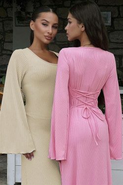 Y2K Aesthetic Coquette Maxi Dress with U-Neck Back Tie - Women's Fashion