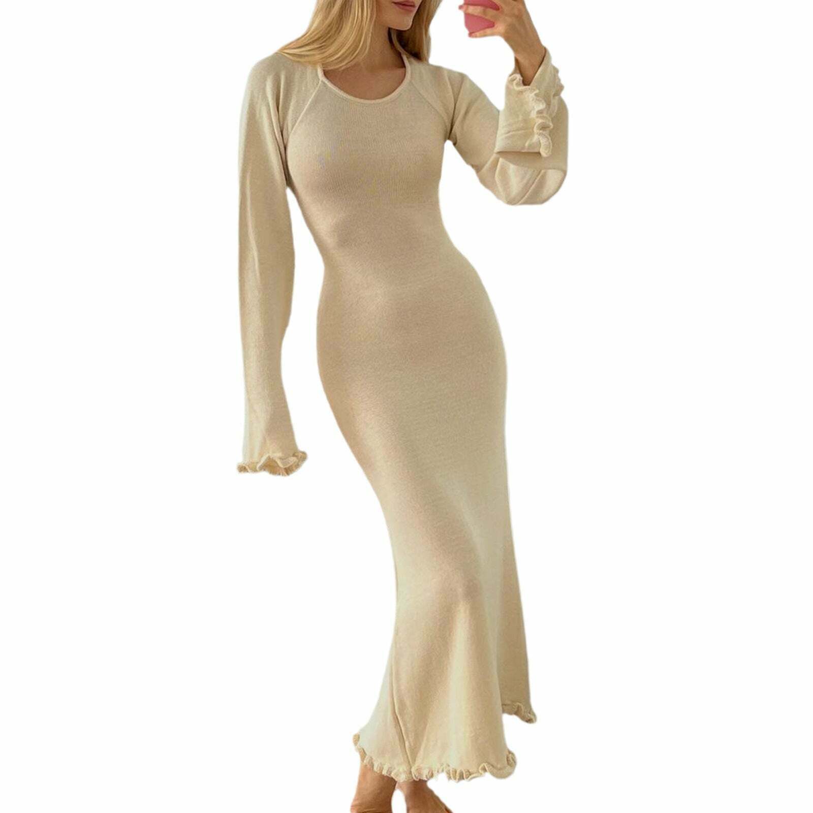 Y2K Aesthetic Coquette Style Backless Knitted Long Dress for Women - Grunge Fashion Statement Piece