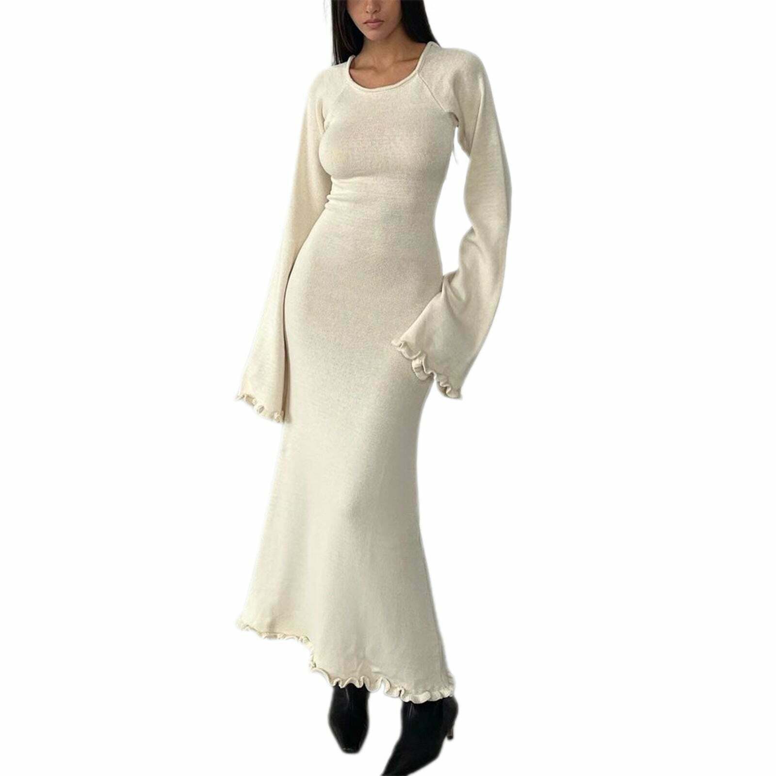 Y2K Aesthetic Coquette Style Backless Knitted Long Dress for Women - Grunge Fashion Statement Piece