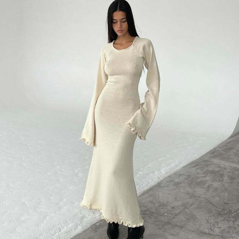 Y2K Aesthetic Coquette Style Backless Knitted Long Dress for Women - Grunge Fashion Statement Piece
