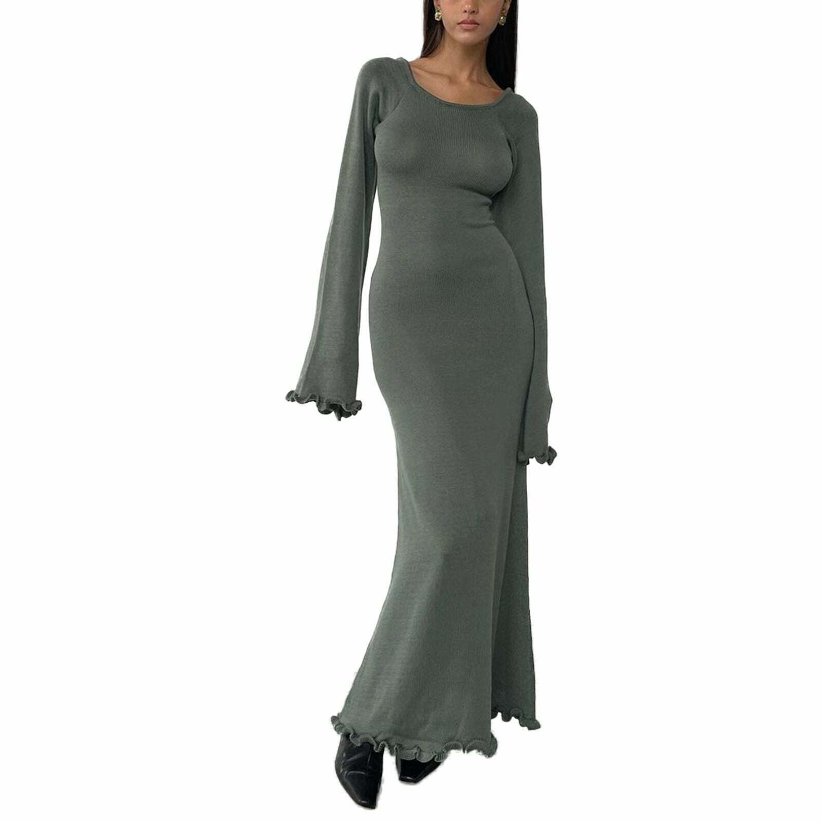 Y2K Aesthetic Coquette Style Backless Knitted Long Dress for Women - Grunge Fashion Statement Piece
