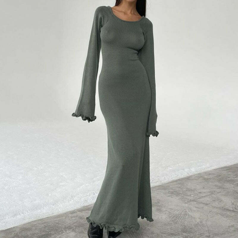 Y2K Aesthetic Coquette Style Backless Knitted Long Dress for Women - Grunge Fashion Statement Piece