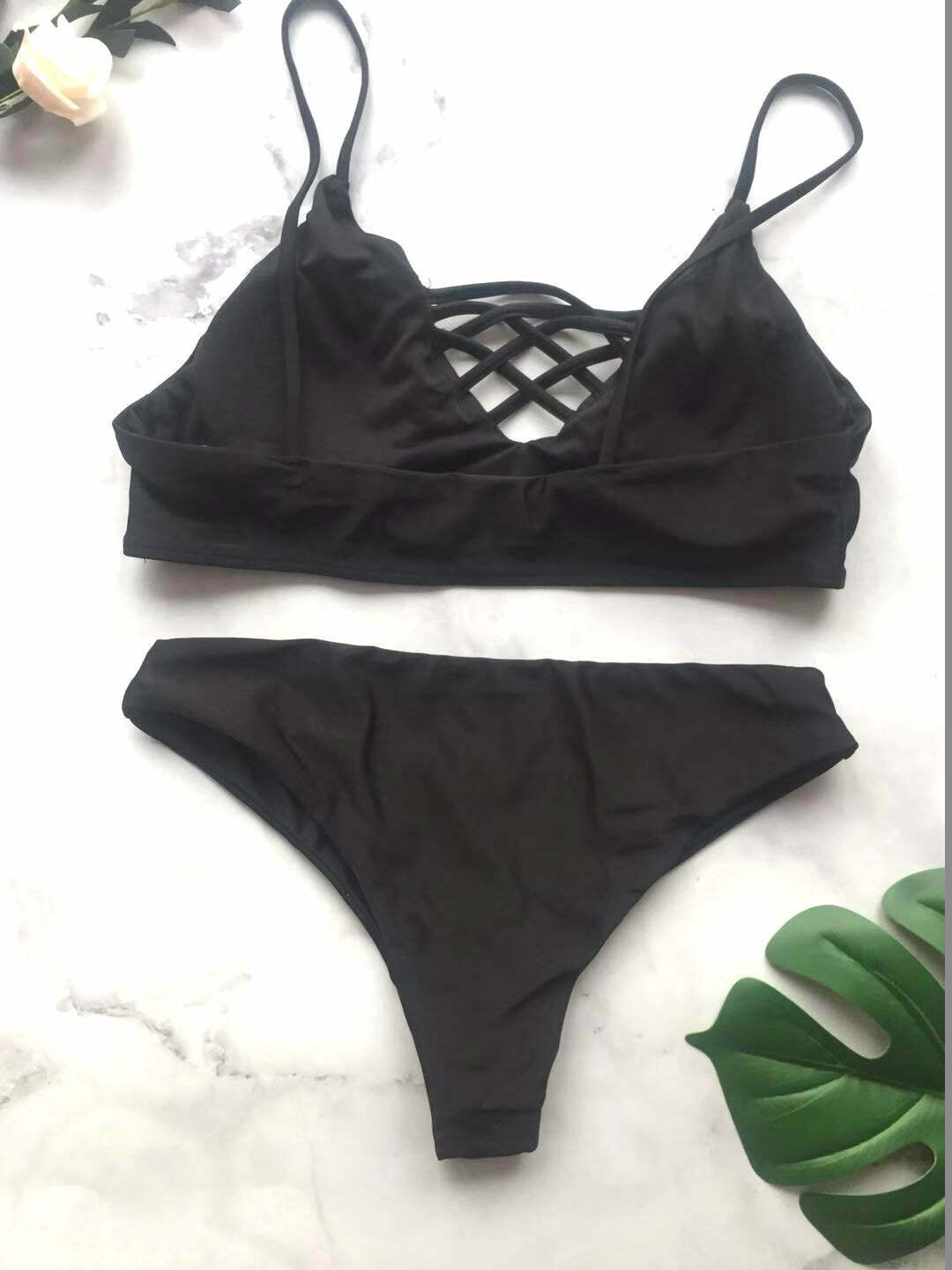 Y2K Aesthetic Coquette Style Caged Bralette Bikini Set for Women Fashion