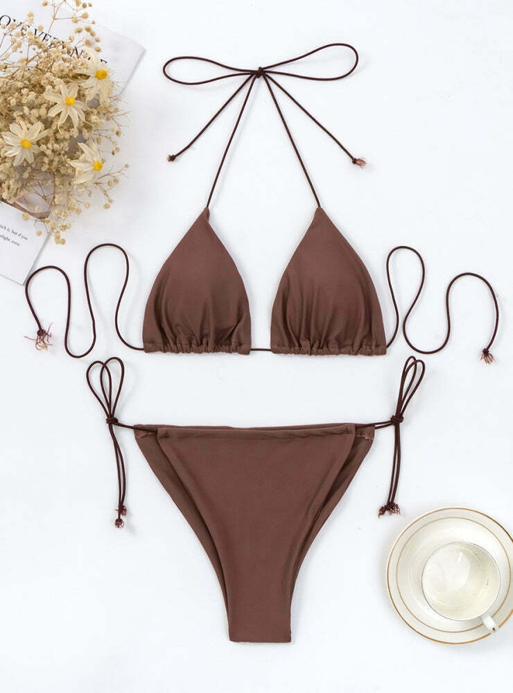 Y2K Aesthetic Coquette Style Cargo Skirt - Three-Point Solid Color String Strap Bikini
