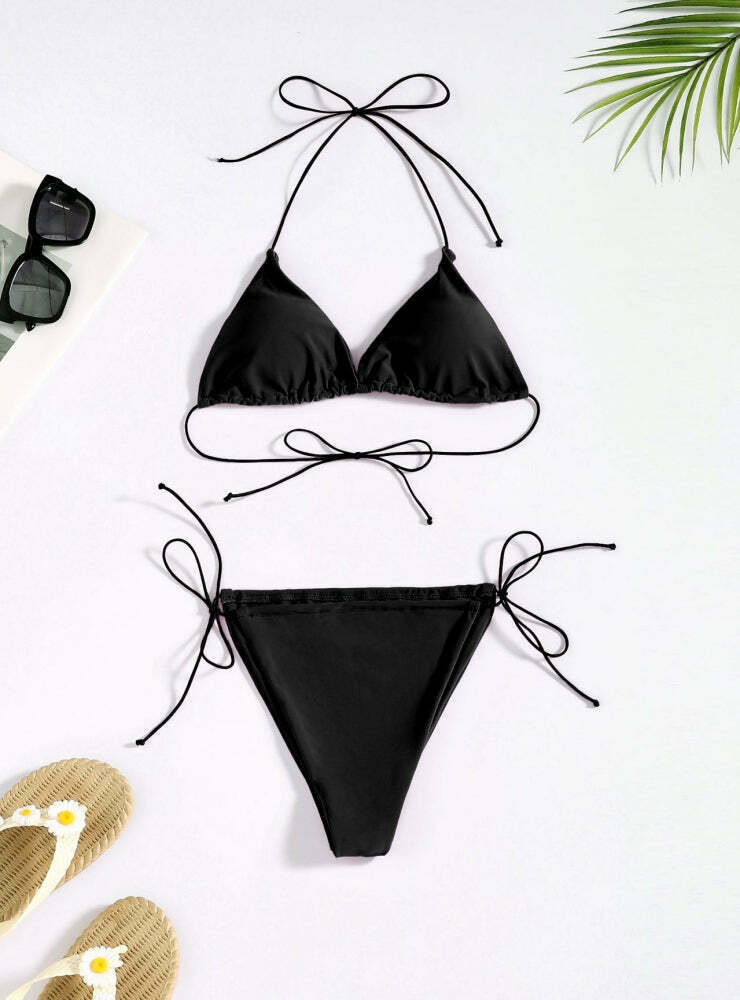 Y2K Aesthetic Coquette Style Cargo Skirt - Three-Point Solid Color String Strap Bikini