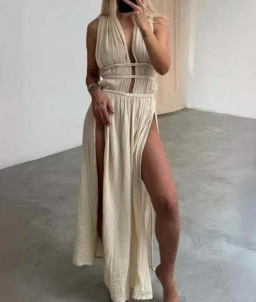 Y2K Aesthetic Coquette Style Cargo Skirt Dress with Braided Belt and Hollow Slit - Women's Fashion