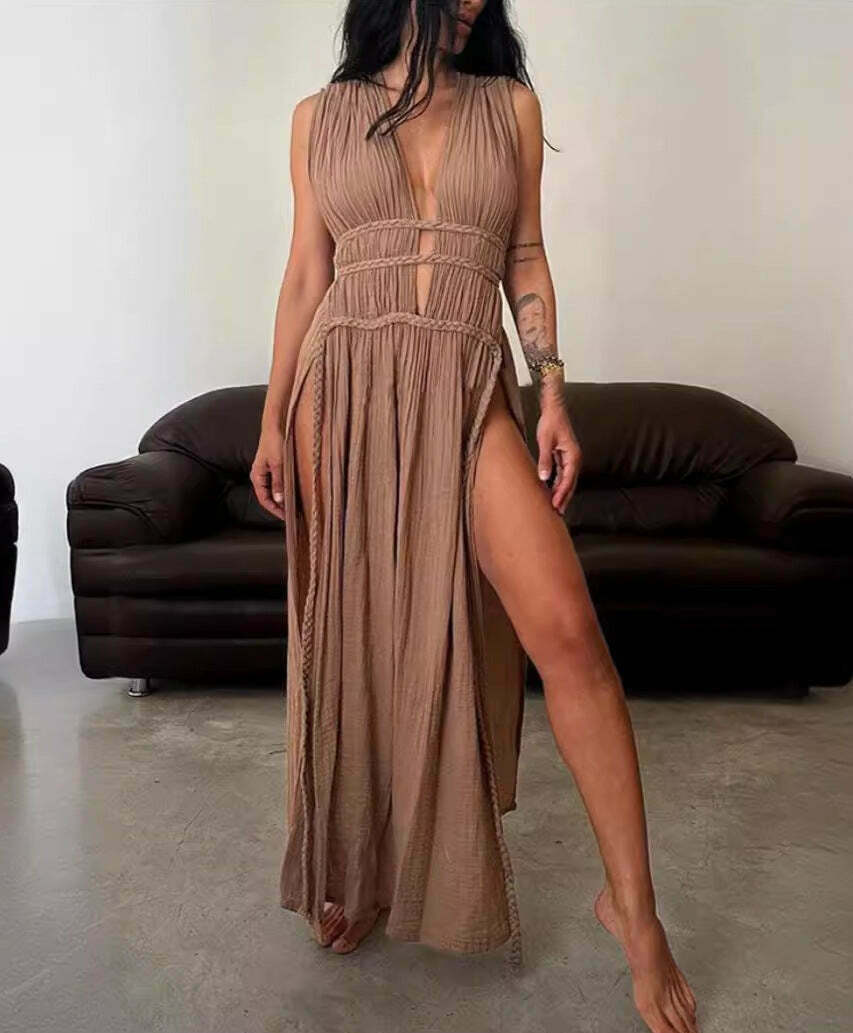 Y2K Aesthetic Coquette Style Cargo Skirt Dress with Braided Belt and Hollow Slit - Women's Fashion