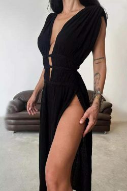 Y2K Aesthetic Coquette Style Cargo Skirt Dress with Braided Belt and Hollow Slit - Women's Fashion