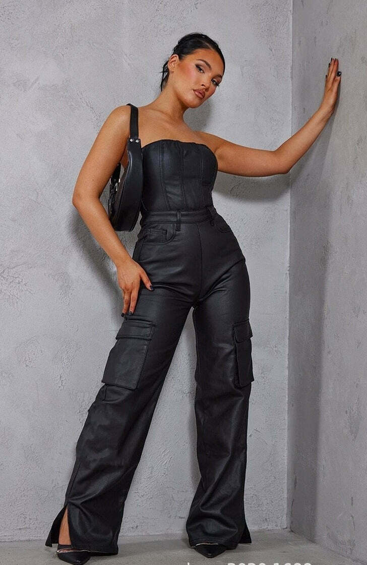 Y2K Aesthetic Coquette Style Cargo Skirt Jumpsuit with PU Leather Pocket
