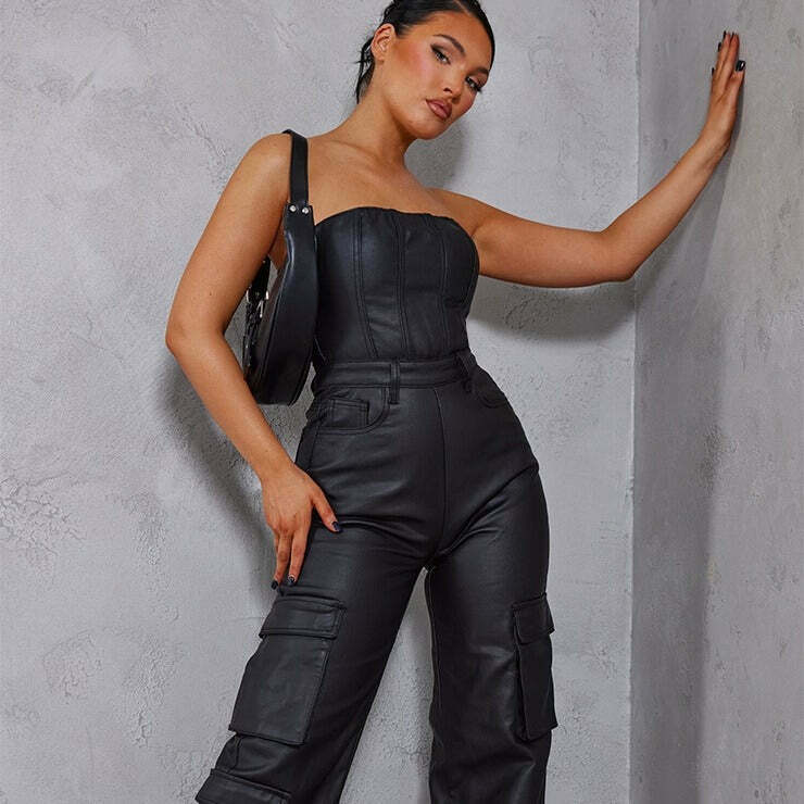 Y2K Aesthetic Coquette Style Cargo Skirt Jumpsuit with PU Leather Pocket