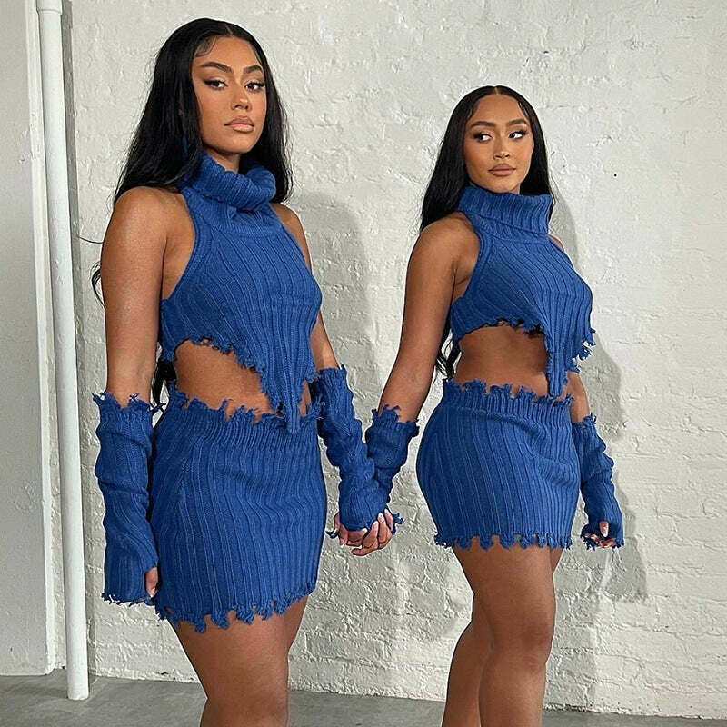 Y2K Aesthetic Coquette Style Cargo Skirt Set with Turtleneck - Grunge Fashion for Women