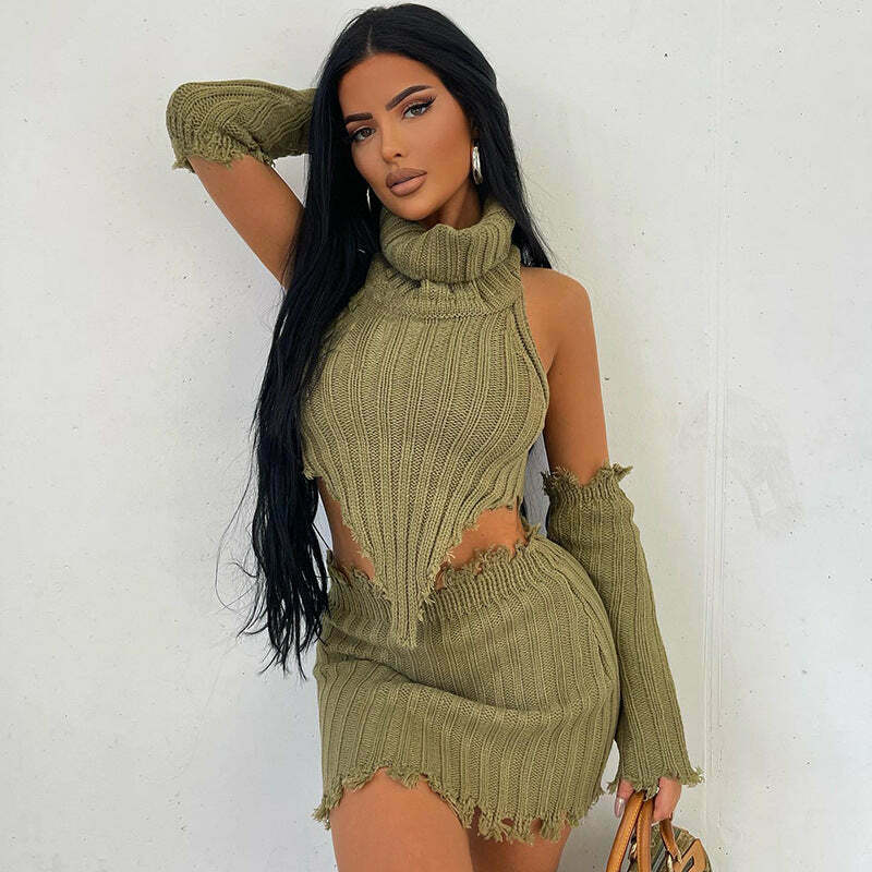 Y2K Aesthetic Coquette Style Cargo Skirt Set with Turtleneck - Grunge Fashion for Women
