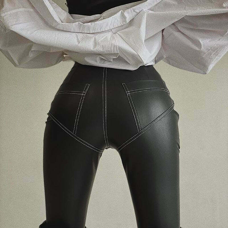 Y2K Aesthetic Coquette Style Cargo Skirt with PU Leather Stretch Tight Pants
