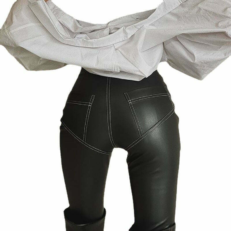 Y2K Aesthetic Coquette Style Cargo Skirt with PU Leather Stretch Tight Pants
